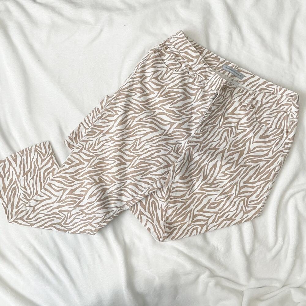 Chico’s Platinum Denim white tan zebra print jeans size 2 12 cropped straight